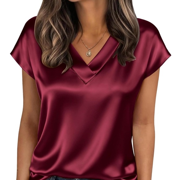 No Label Tops - ❤️ Red Wine Satin V-Neck Short Sleeve Blouse – Size Small – NWT